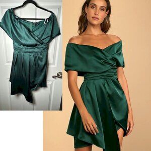 Always Celebrating Dark Green Satin Off-the-Shoulder Mini Dress Size Small NWOT
